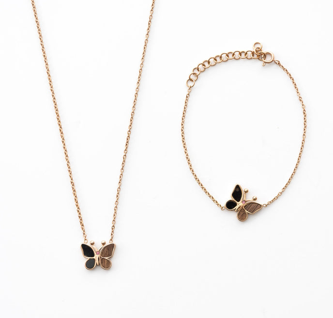 Parure personalizzata Farfalla in Legno di Noce &amp; Marmo Nero