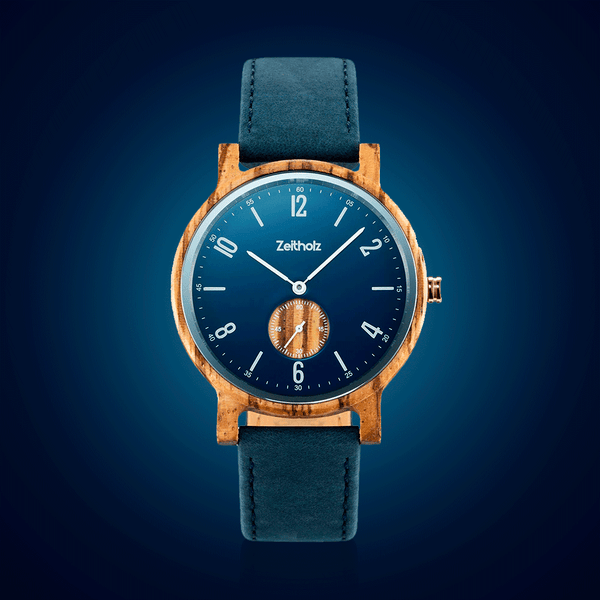 Amtsberg Zebranoholz Blau 42mm Holzuhr Zeitholz