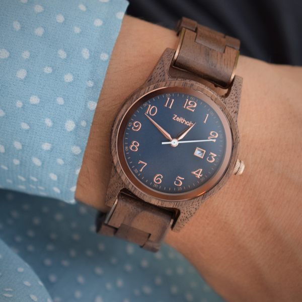 Zeitholz Orologi In Legno Per Coppie - Bergen Blu 42mm & Leuben Indigo 36mm, Incisione Gratuita, Movimento Giapponese - 2