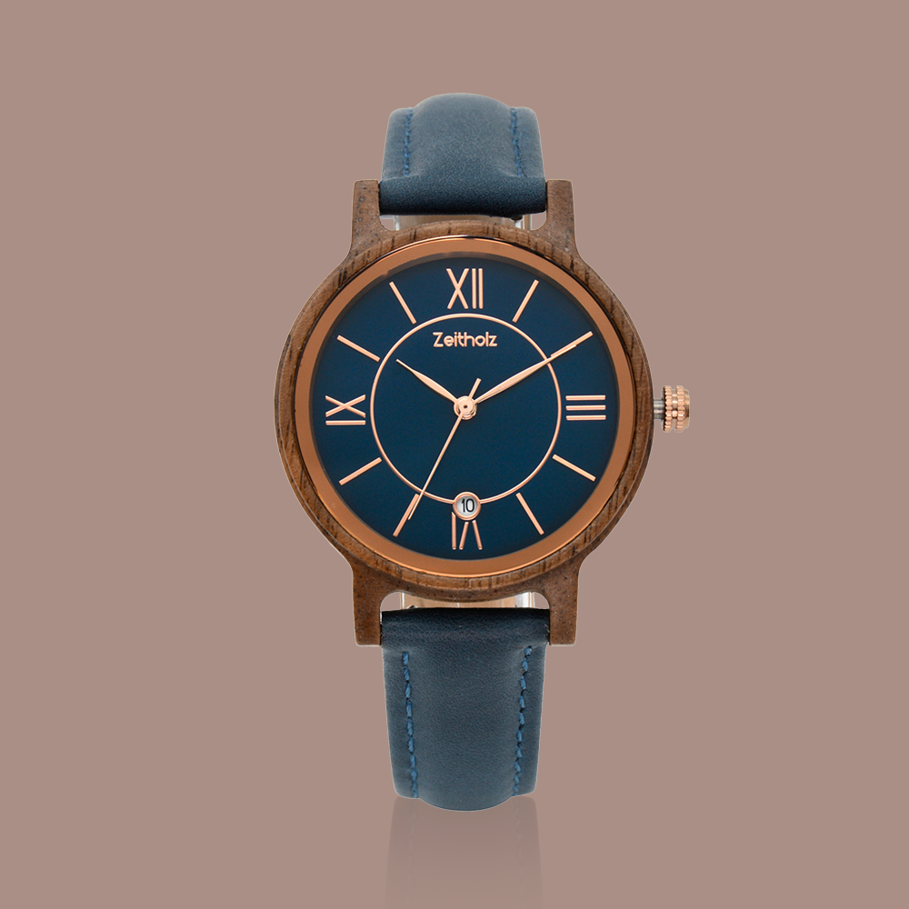 Zeitholz Rosenbach Uhr mit marineblauem Zifferblatt und Holzarmband, elegantes Design.